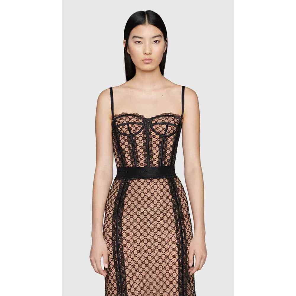 Gucci GG Net Corset Black Nude Lace All Over Logo Bustier Lace Shirt Top Medium - Picture 5 of 16